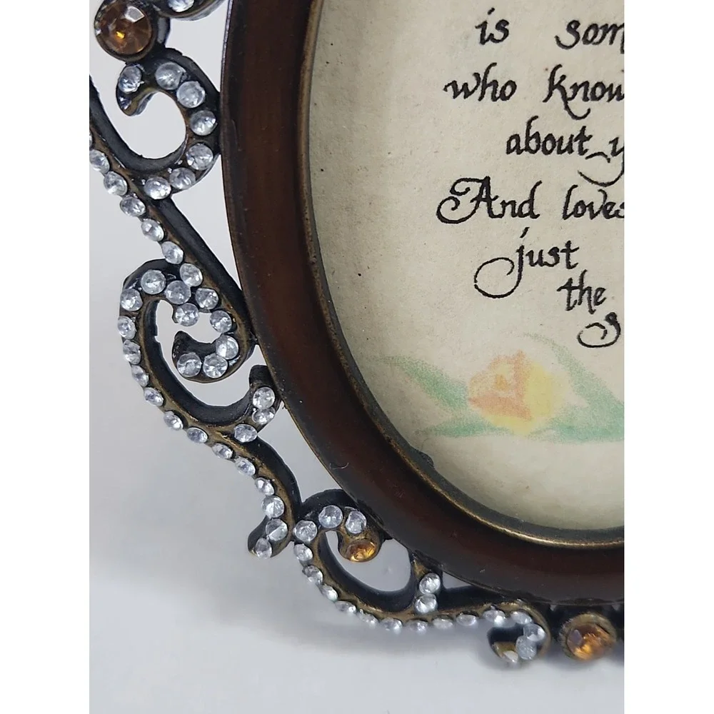 Vintage 80s-90s Mini Ornate Bejeweled Oval Picture Frame Glass Rhinestones 4.5